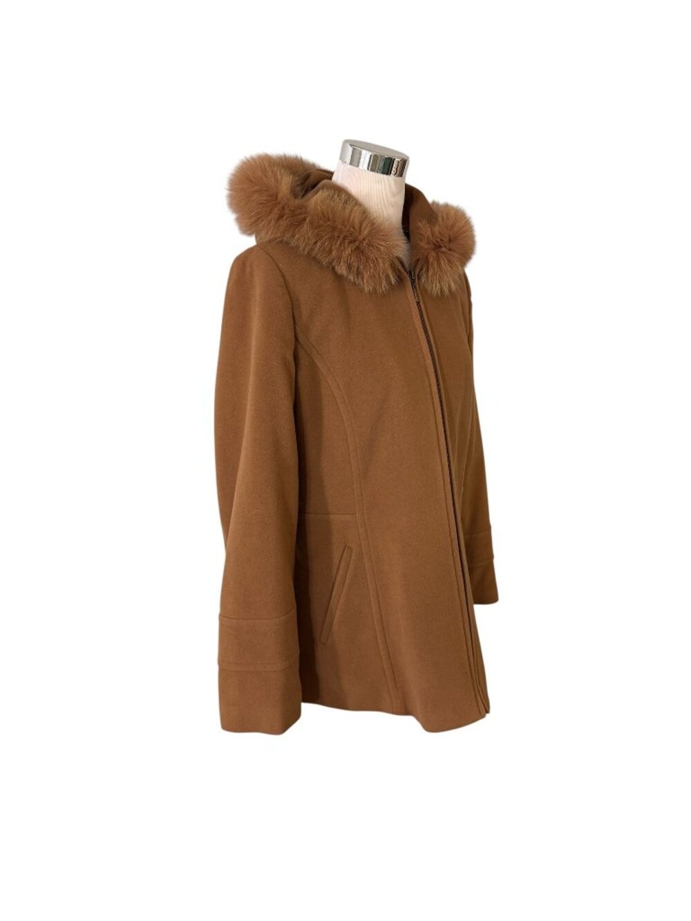 Brown Cashmere Blend Hooded Coat with Fox Fur Trim Size Large Sachi Collection
